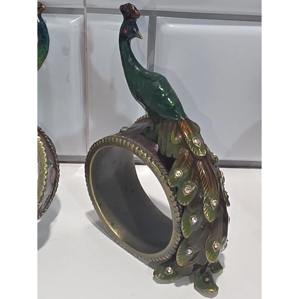 Peacock Enamel Napkin Ring Holders Brass Metal & Rhinestones set of 4